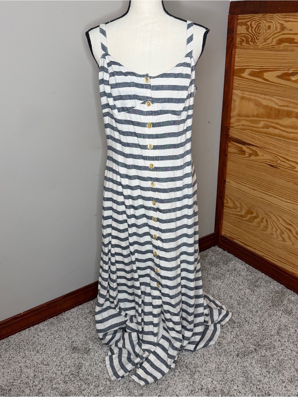 Anthropologie Maeve Linen Blend Striped Maxi Dress 10 Blue White Preppy Nautical - Picture 2 of 9